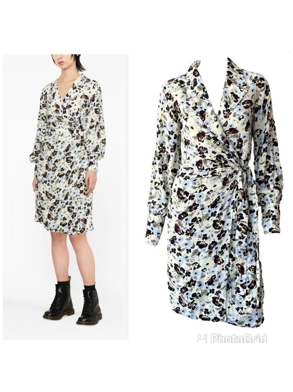 NEW Ganni Printed Crepe Wrap Dress Meadow Egret Floral Size XS